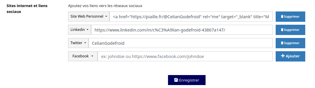 Capture d'écran de mon bloc "Sites internet et liens sociaux" dans mes paramètres HAL